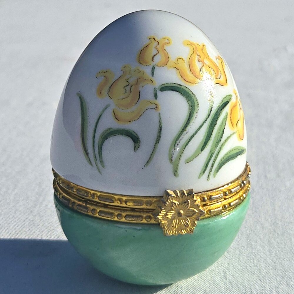 Sold - Porcelain Hinged Box PHB Ceramic Egg Yellow Iris Flowers True Vintage